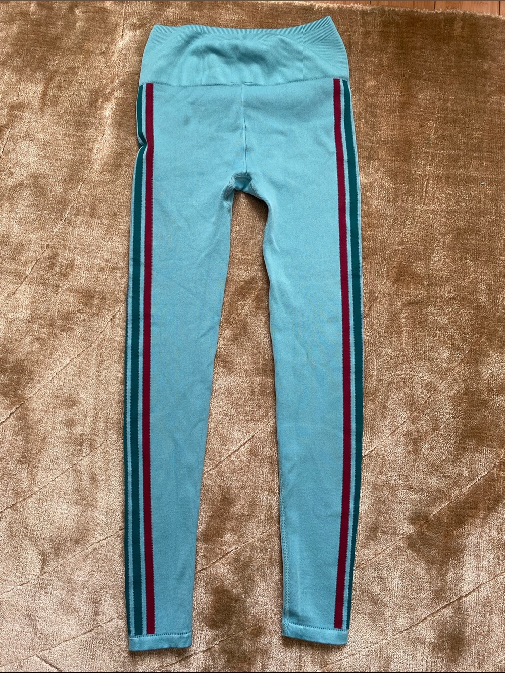 Vintage Turquoise Leggings with Burgundy & Dark Teal Side Stripes